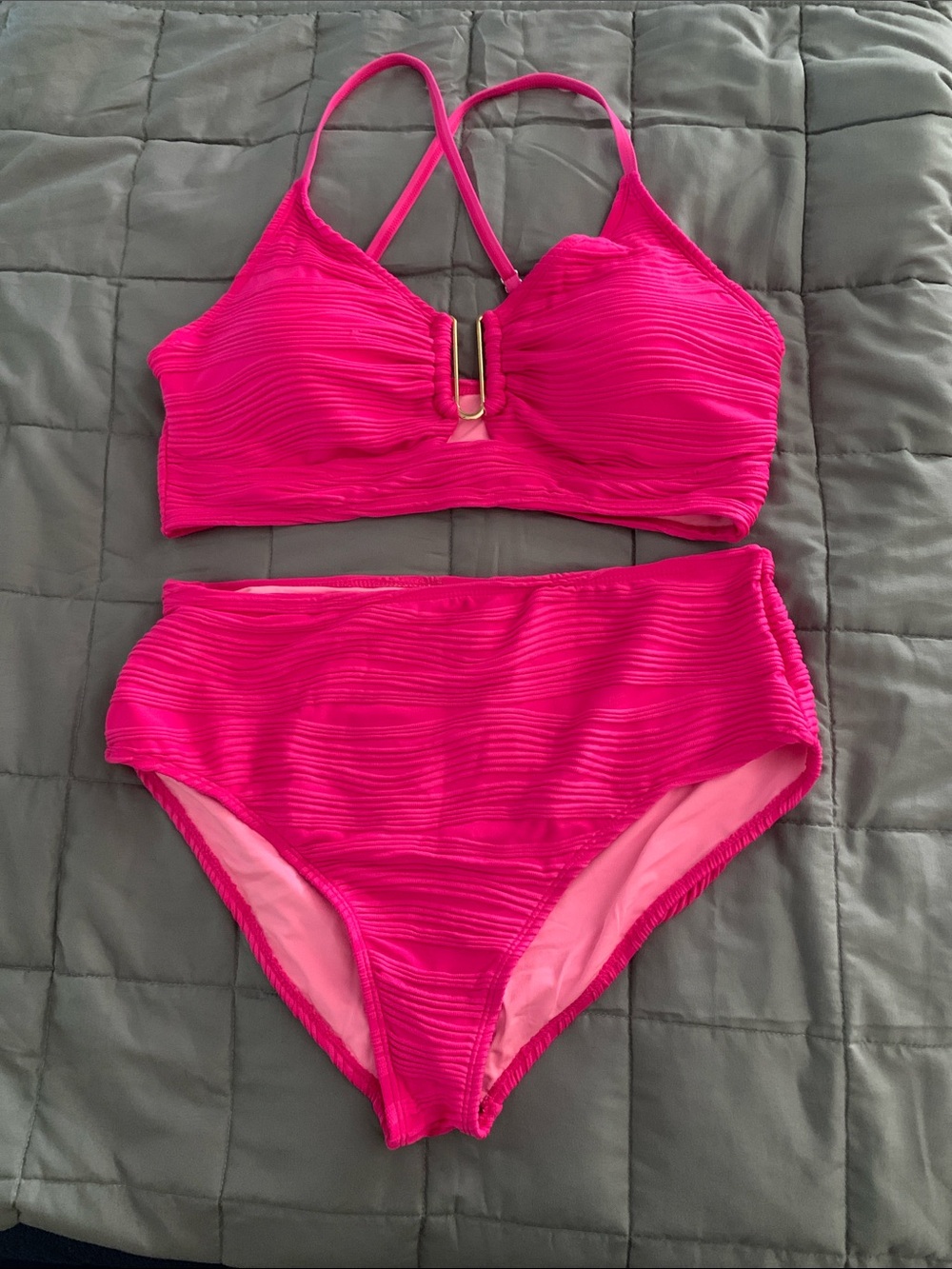 Women’s Hot Pink Textured High-Waist Bikini Set